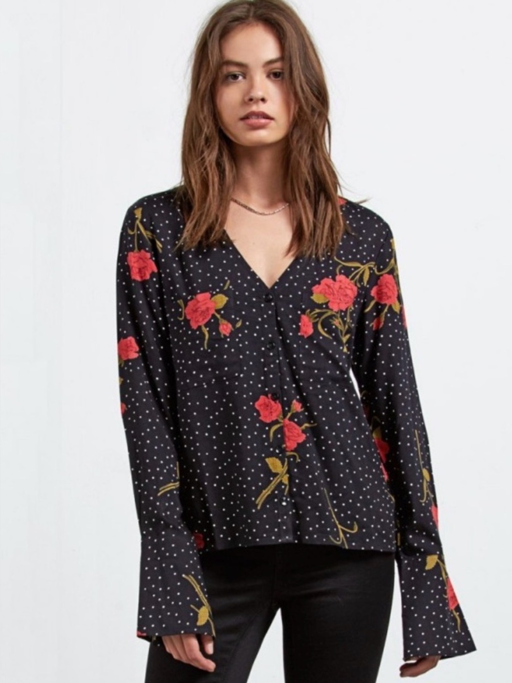 Volcom Black Floral V-Neck Blouse with Pink Roses Polka Dots Size M Whimsigoth